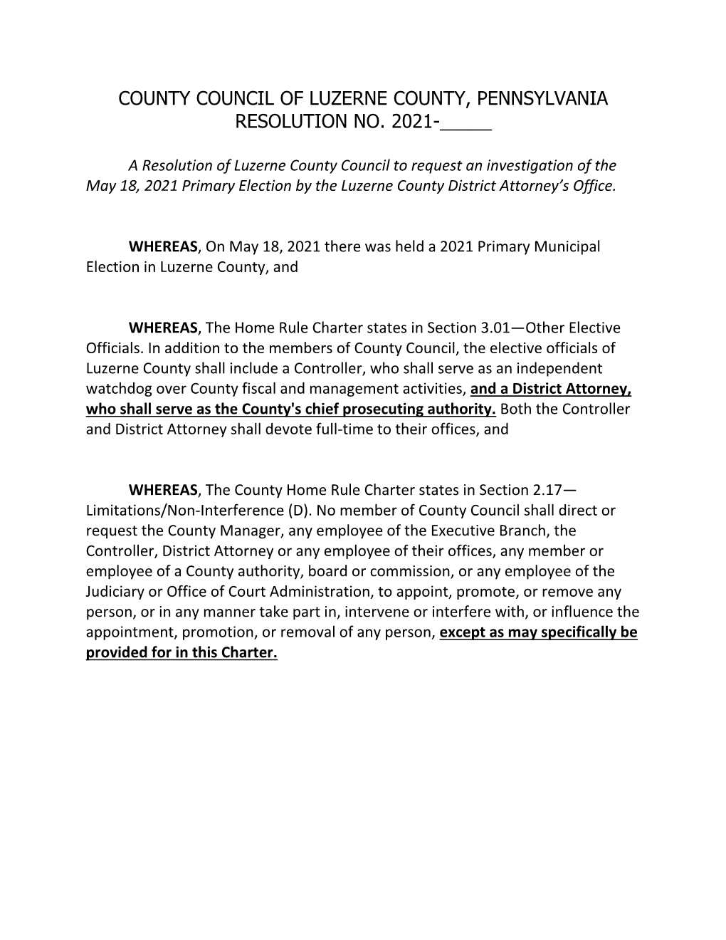 County Council of Luzerne County, Pennsylvania Resolution No. 2021-_____