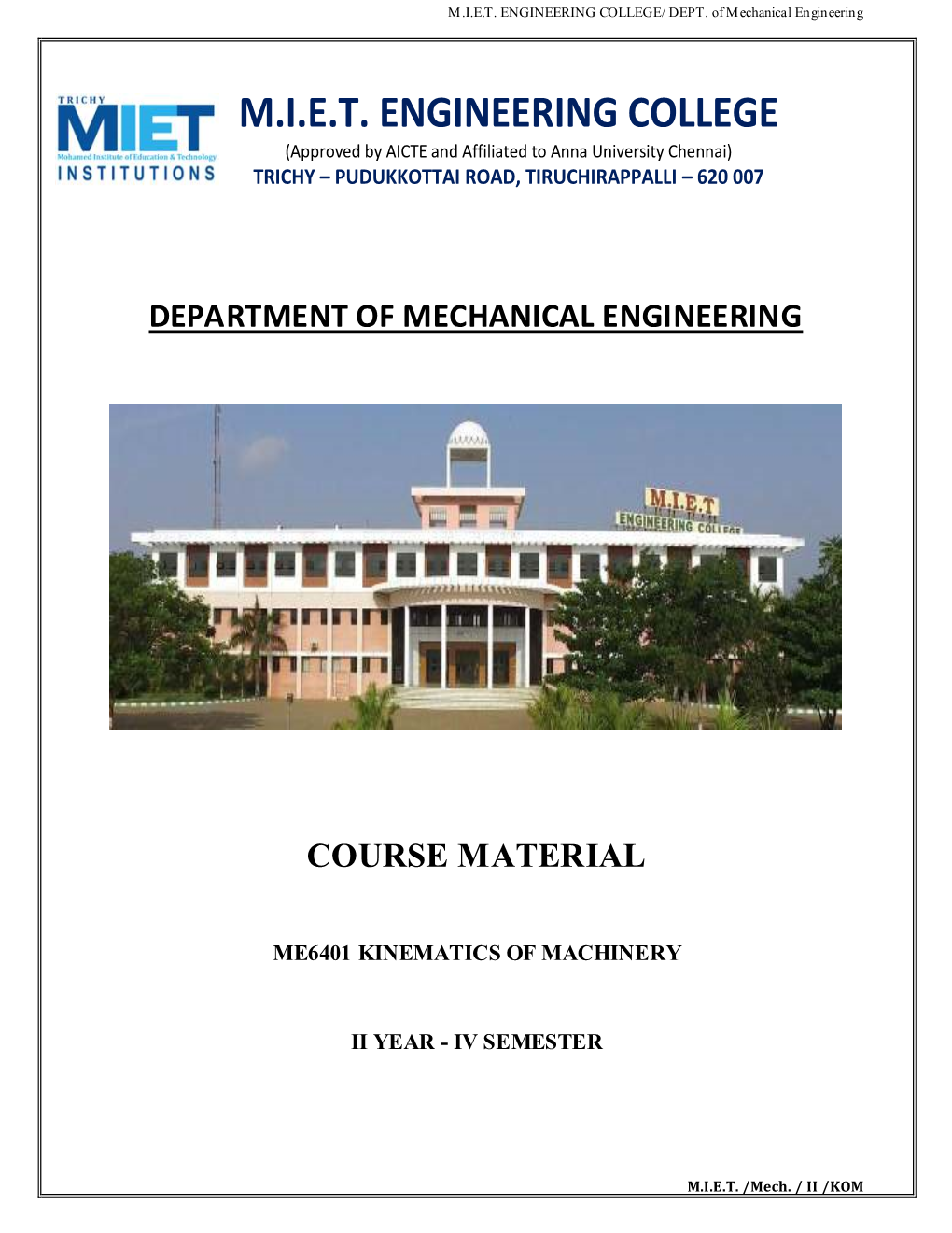 Me6401 Kinematics of Machinery