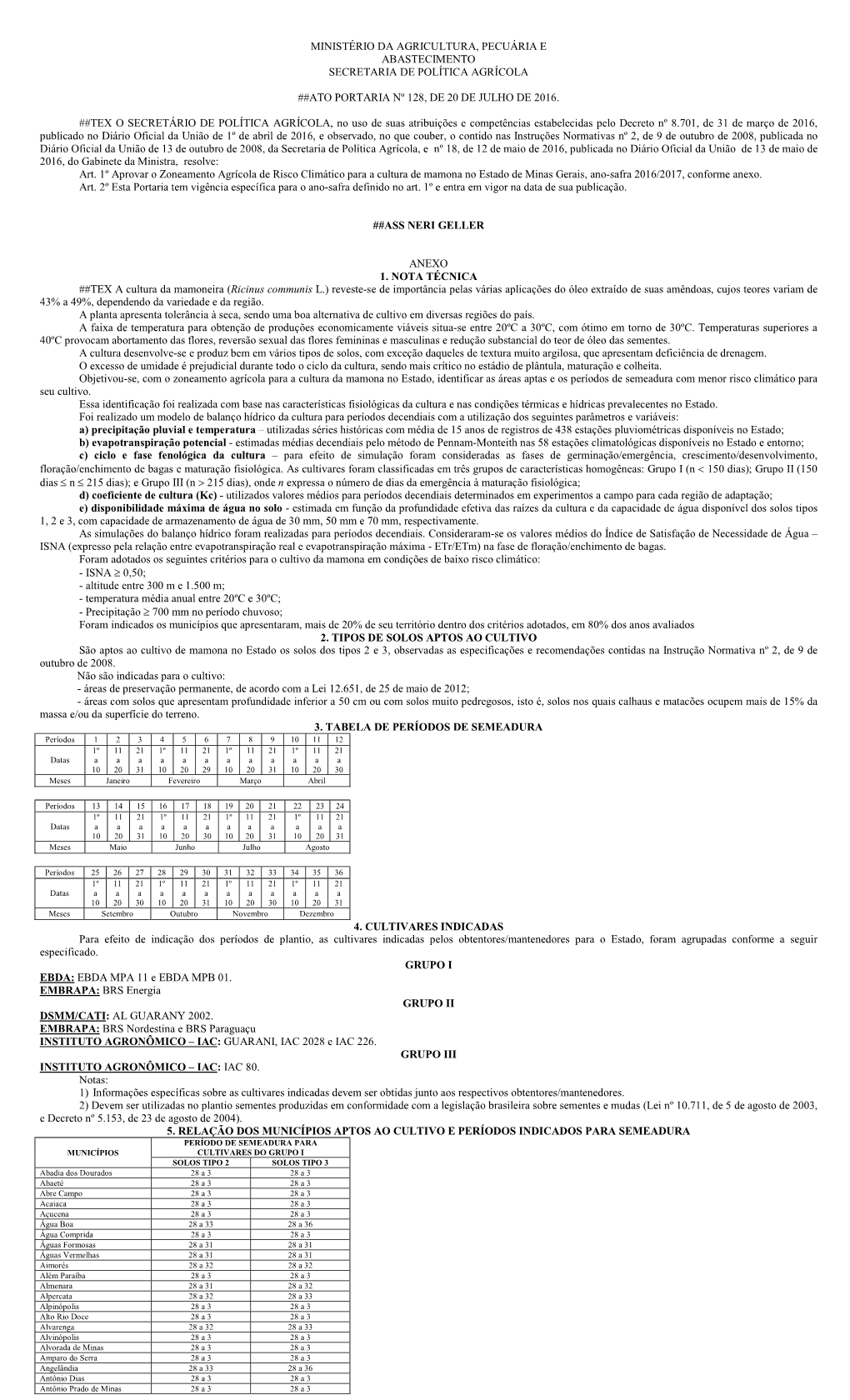 Ministério Da Agricultura, Pecuária E Abastecimento Secretaria De Política Agrícola ##Ato Portaria Nº 128, De 20 De Julho D