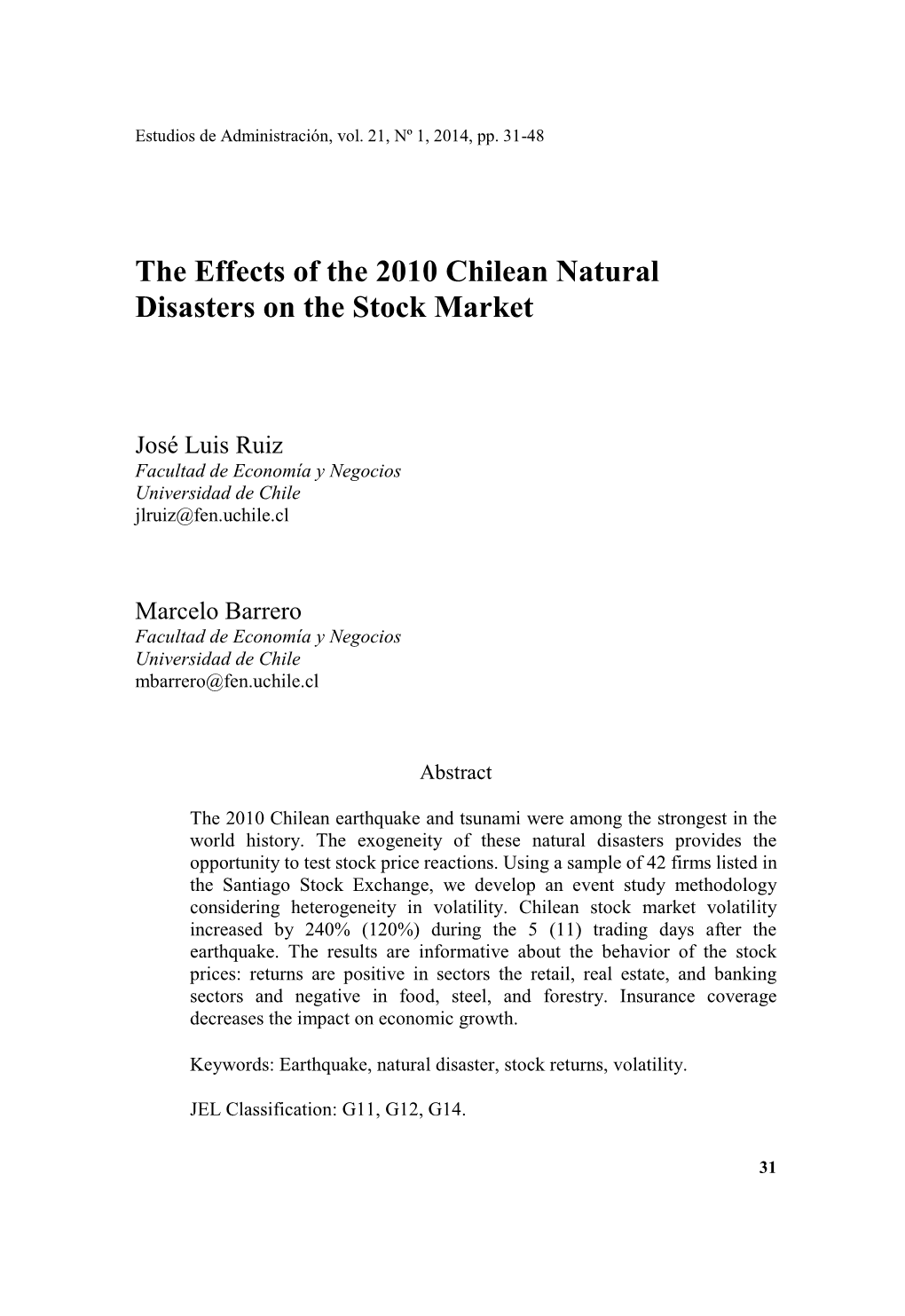 The Effects of the 2010 Chilean Natural Disasters on the Stock Market