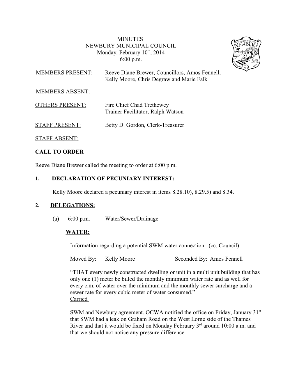 February 10Th, 2014 Newbury Municipal Council 7