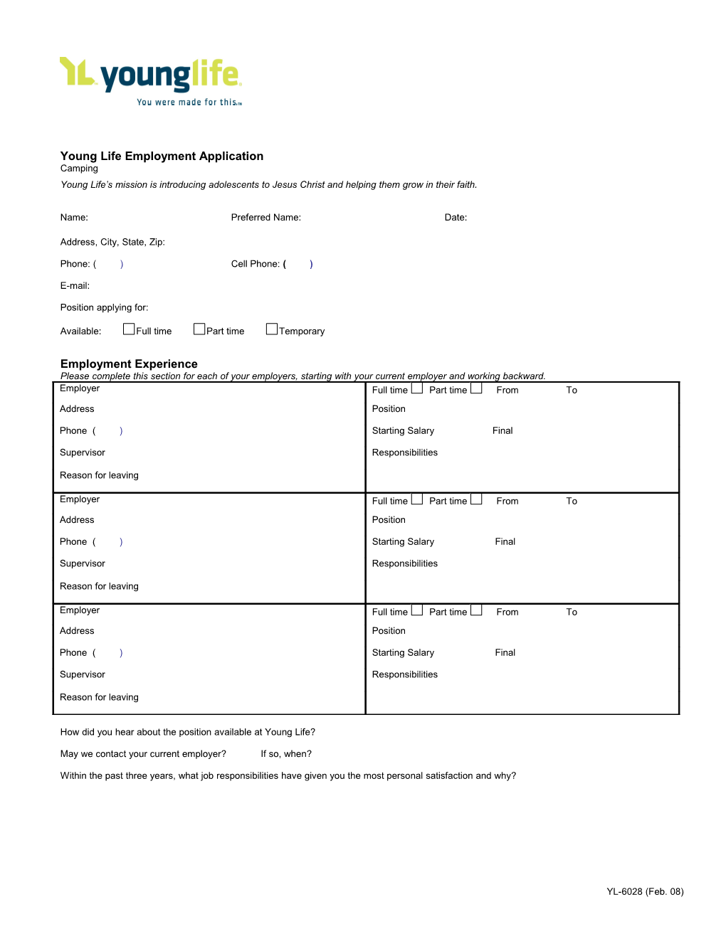 Young Life Employment Application