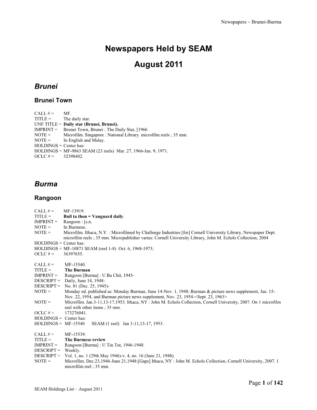 SEAM Holdings List – August 2011 Newspapers – Brunei-Burma