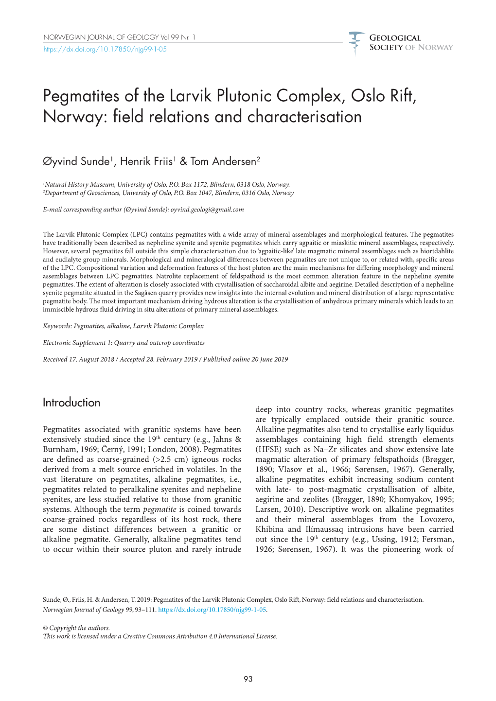 Pegmatites of the Larvik Plutonic Complex, Oslo Rift, Norway: Field Relations and Characterisation