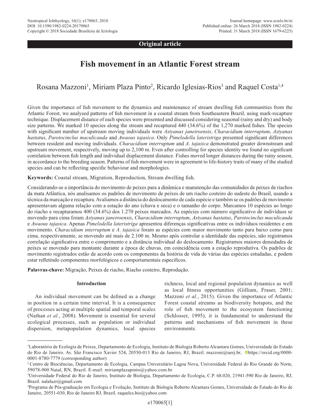 Fish Movement in an Atlantic Forest Stream