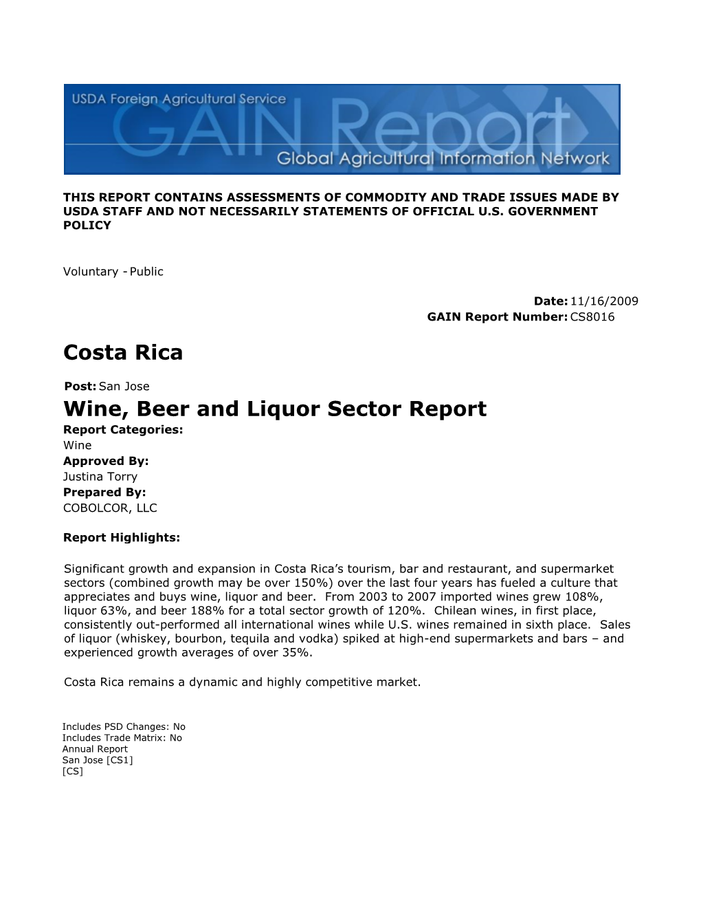 Costa Rica Wine, Beer and Liquor Sector Report