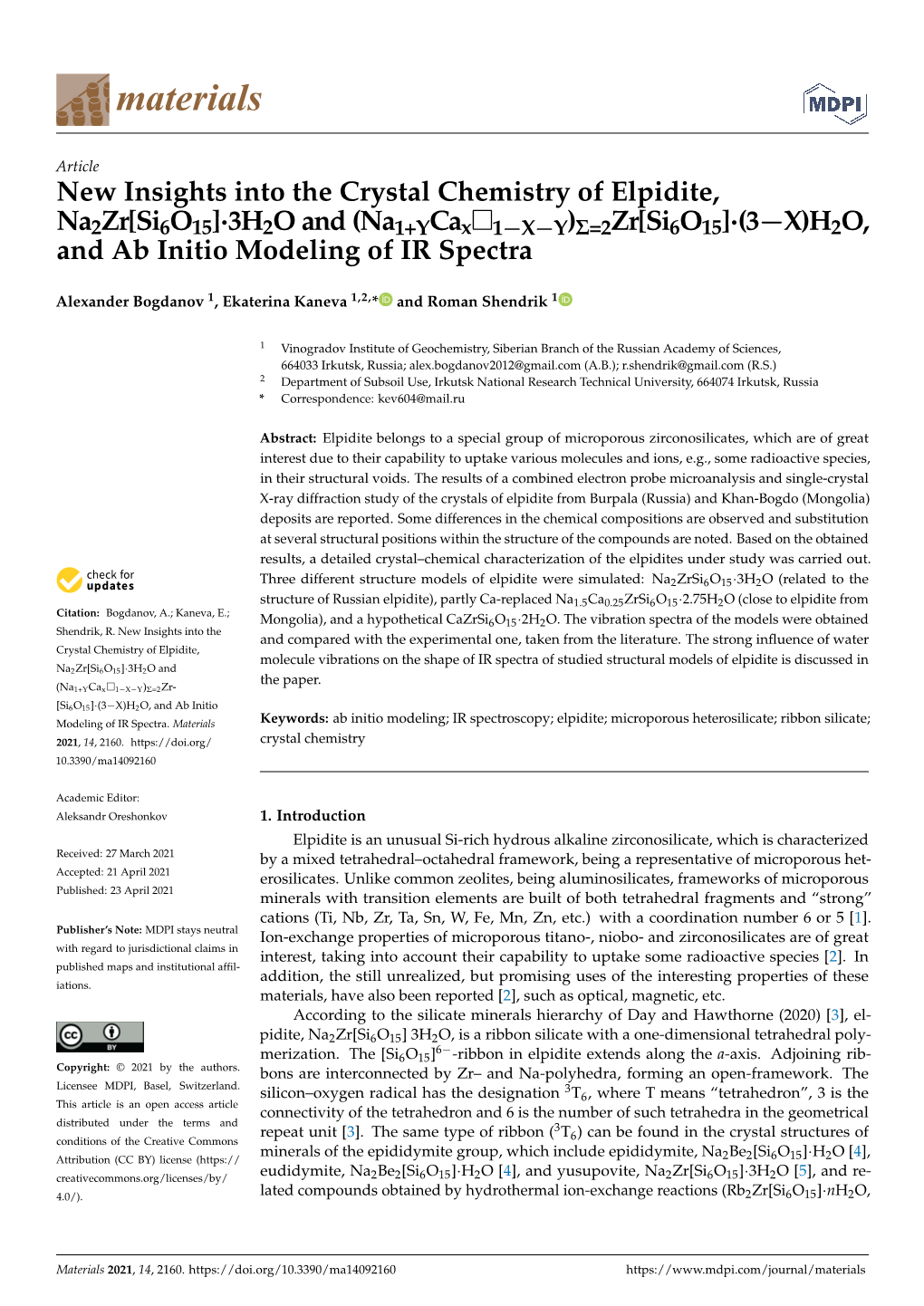 New Insights Into the Crystal Chemistry of Elpidite, Na2zr[Si6o15]·3H2O and (Na1+Ycax1−X−Y)Σ=2Zr[Si6o15]·(3−X)H2O, and Ab Initio Modeling of IR Spectra