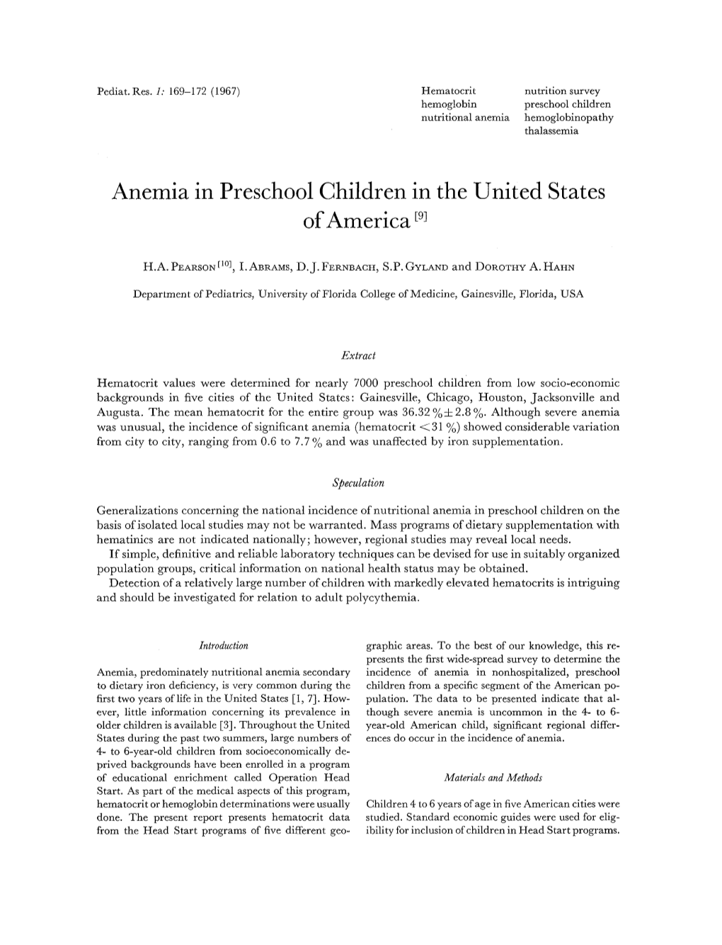 Anemia in Preschool Children in the United States of America[9]