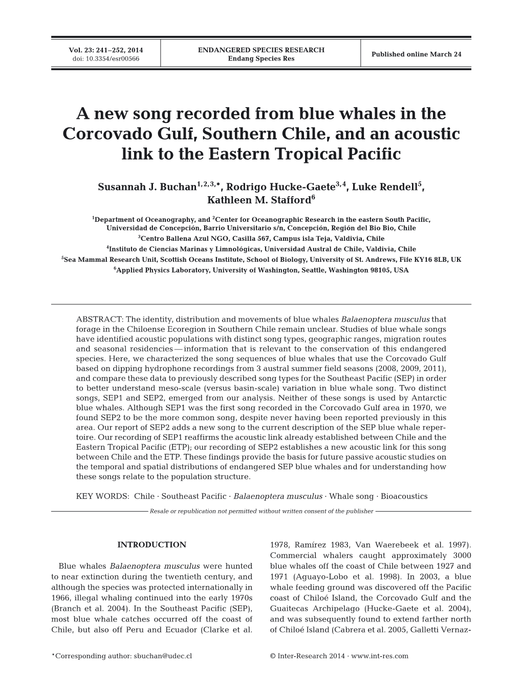 A New Song Recorded from Blue Whales in the Corcovado Gulf, Southern Chile, and an Acoustic Link to the Eastern Tropical Pacific