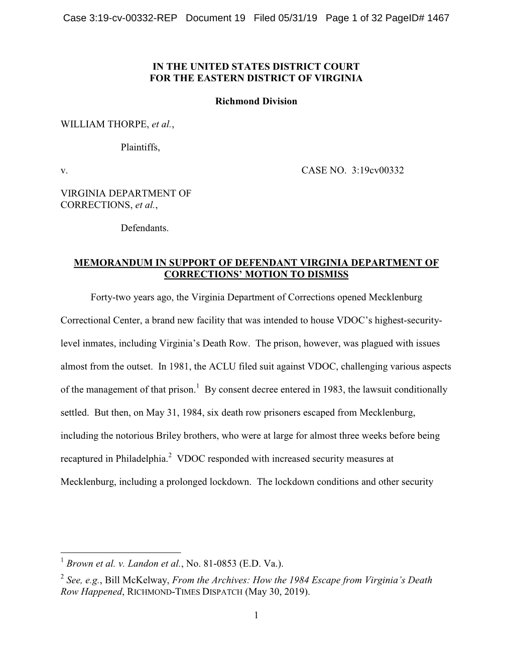 Pdfdefendants' Memo in Support of VDOC's Motion to Dismiss.Pdf