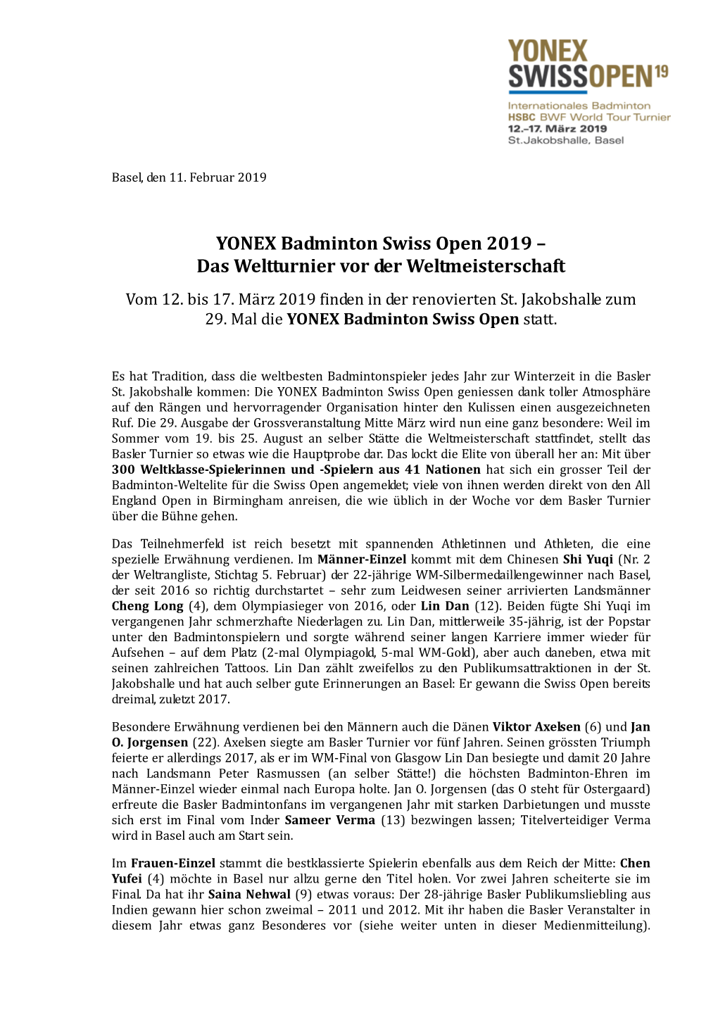 YONEX Badminton Swiss Open 2019 – Das Weltturnier Vor Der Weltmeisterschaft Vom 12