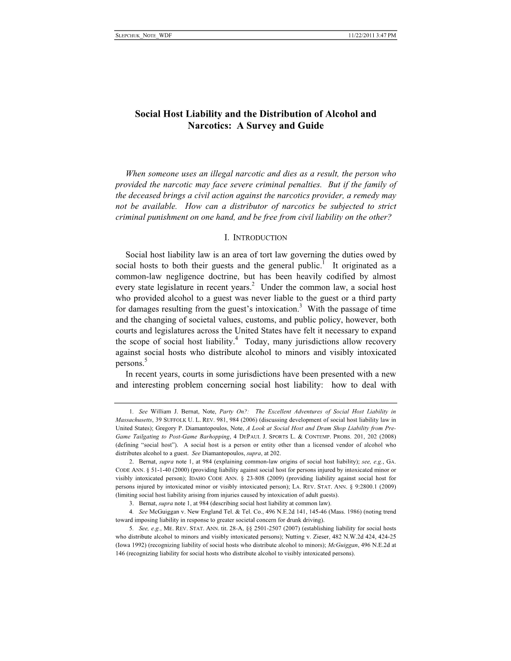 Social Host Liability and the Distribution of Alcohol and Narcotics: a Survey and Guide