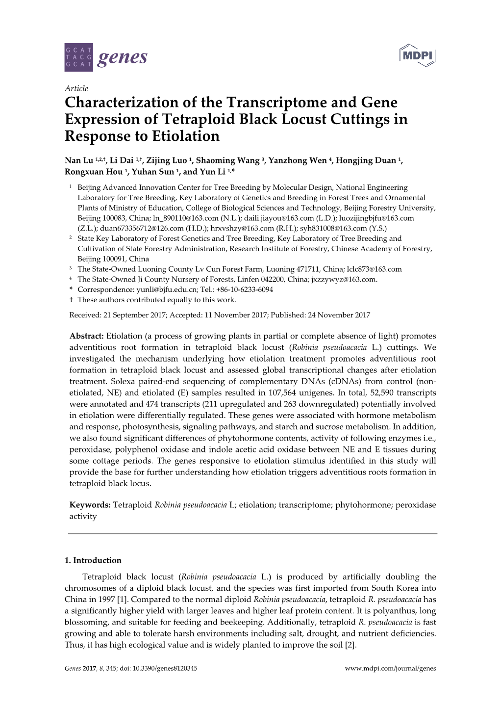 Characterization of the Transcriptome and Gene Expression of Tetraploid Black Locust Cuttings in Response to Etiolation