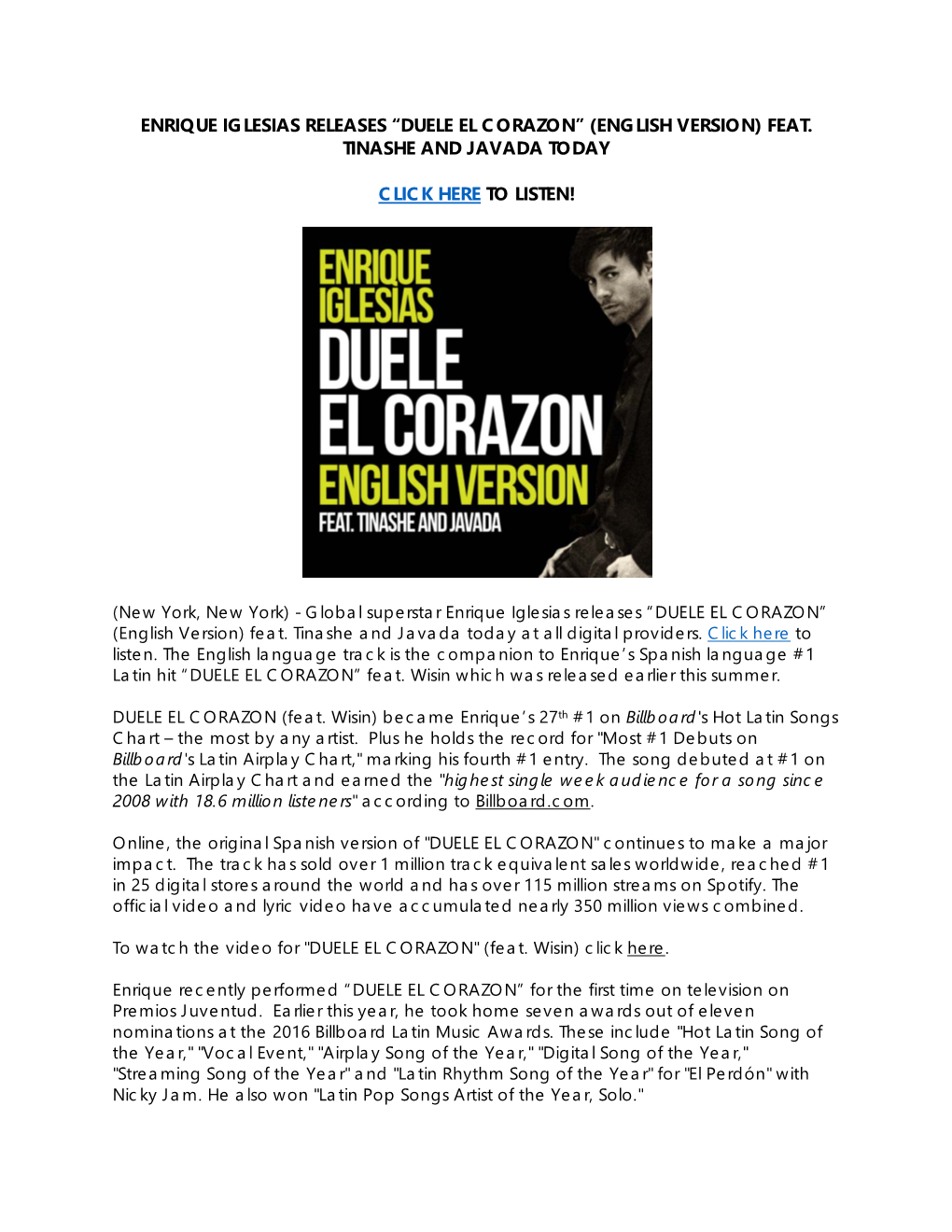 Enrique Iglesias Releases “Duele El Corazon” (English Version) Feat