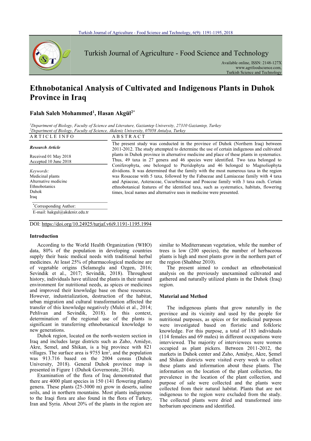 Ethnobotanical Analysis of Cultivated and Indigenous Plants in Duhok Province in Iraq