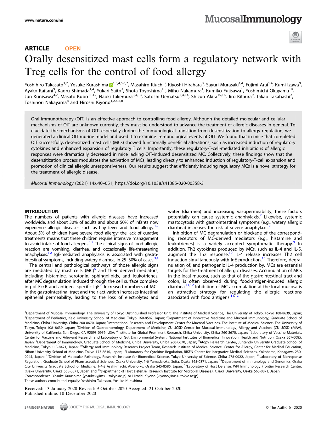 Orally Desensitized Mast Cells Form a Regulatory Network with Treg Cells for the Control of Food Allergy