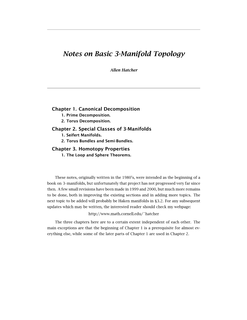 Notes on Basic 3-Manifold Topology