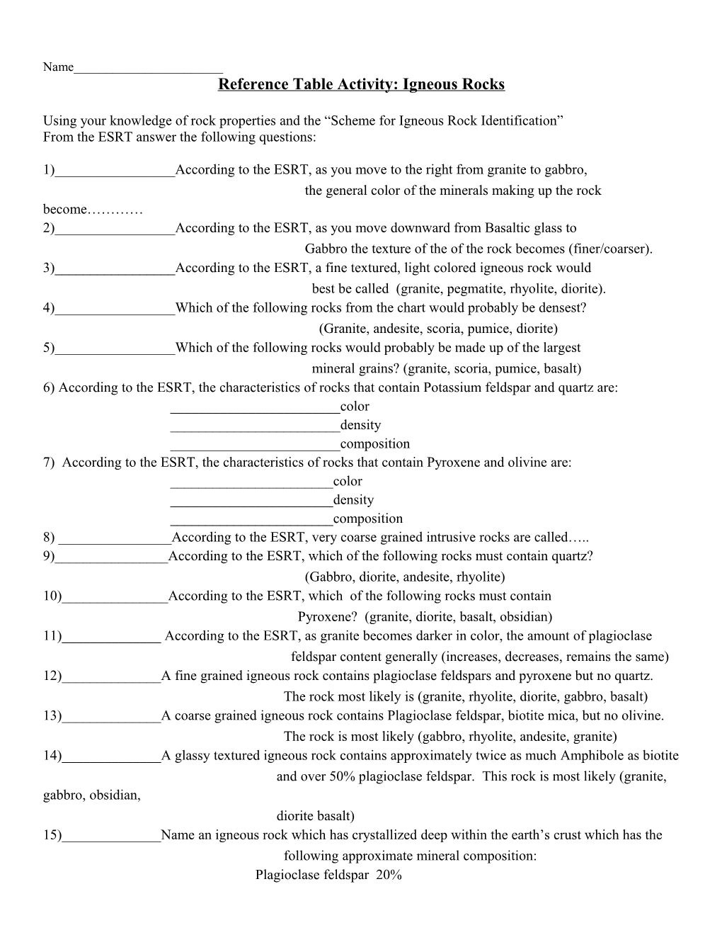 Igneous Rock Regents Questions