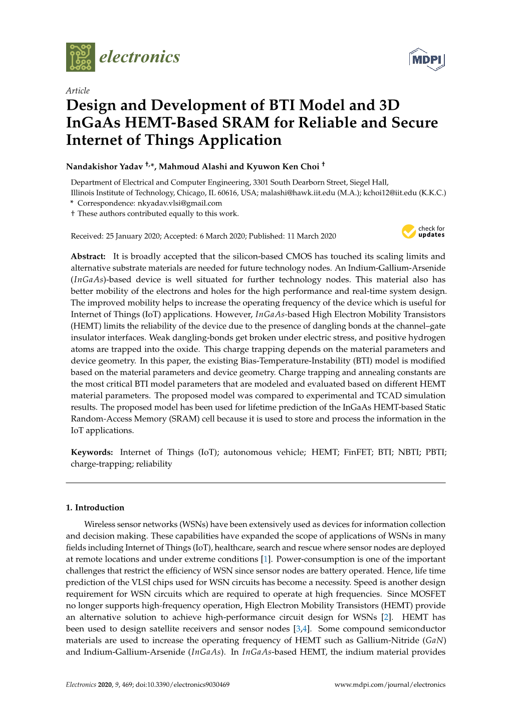 Design and Development of BTI Model and 3D Ingaas HEMT-Based SRAM for Reliable and Secure Internet of Things Application