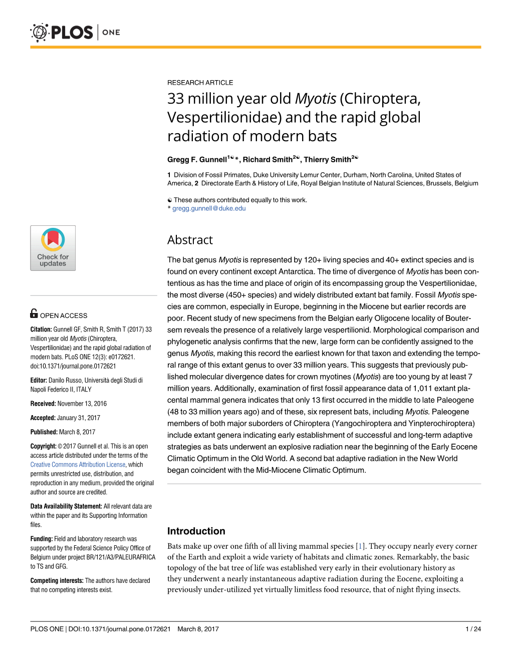 33 Million Year Old Myotis (Chiroptera, Vespertilionidae) and the Rapid Global Radiation of Modern Bats