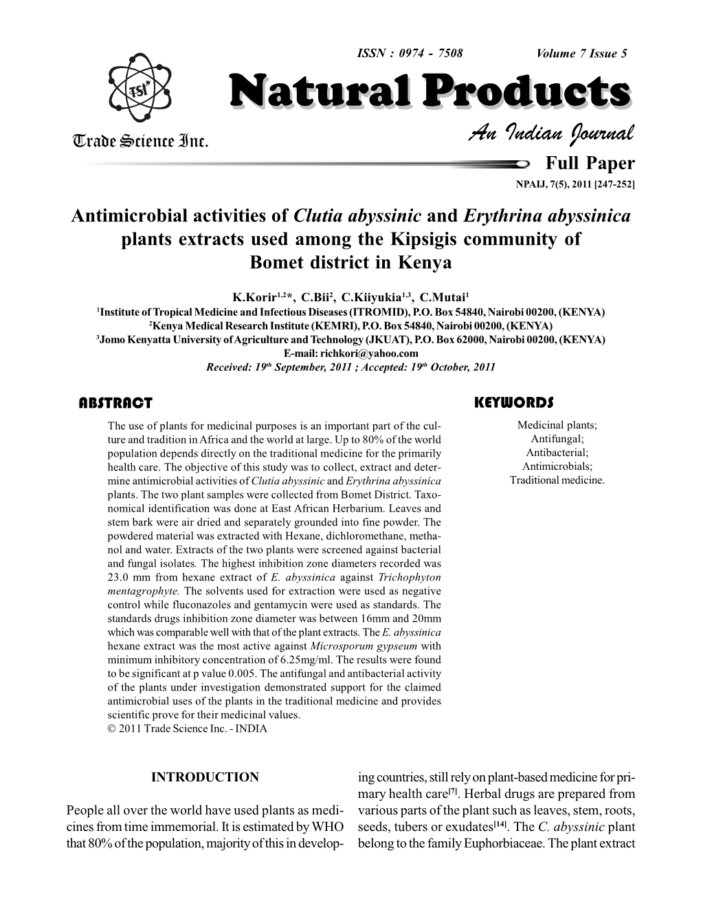 Antimicrobial Activities of Clutia Abyssinic and Erythrina Abyssinica Plants Extracts Used Among the Kipsigis Community of Bomet District in Kenya