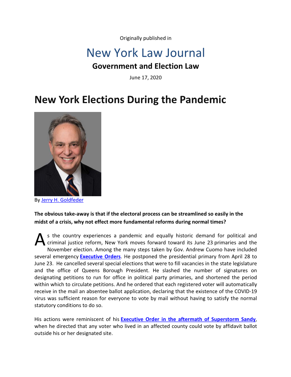 New York Law Journal Government and Election Law June 17, 2020