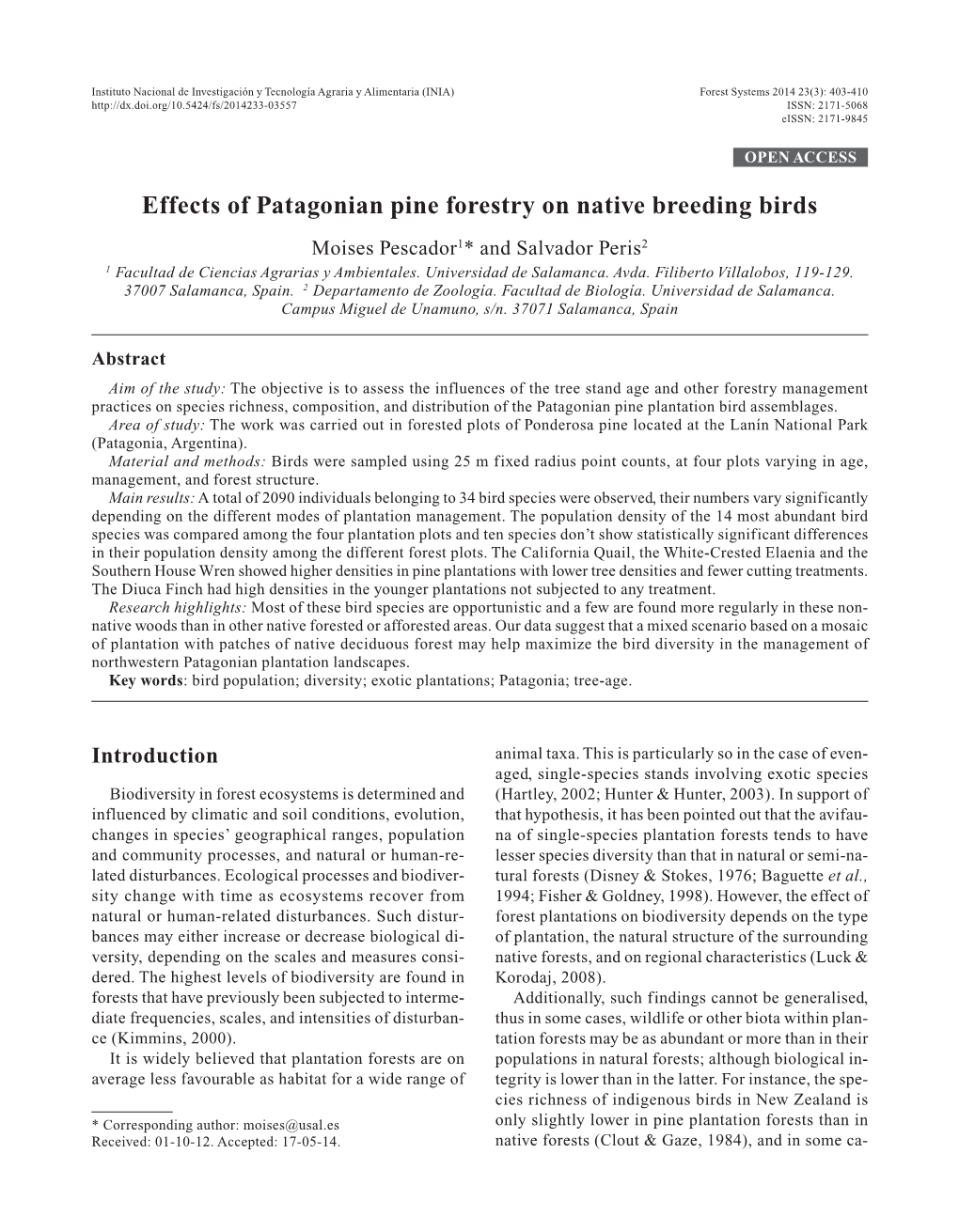 Effects of Patagonian Pine Forestry on Native Breeding Birds Moises Pescador1* and Salvador Peris2 1 Facultad De Ciencias Agrarias Y Ambientales