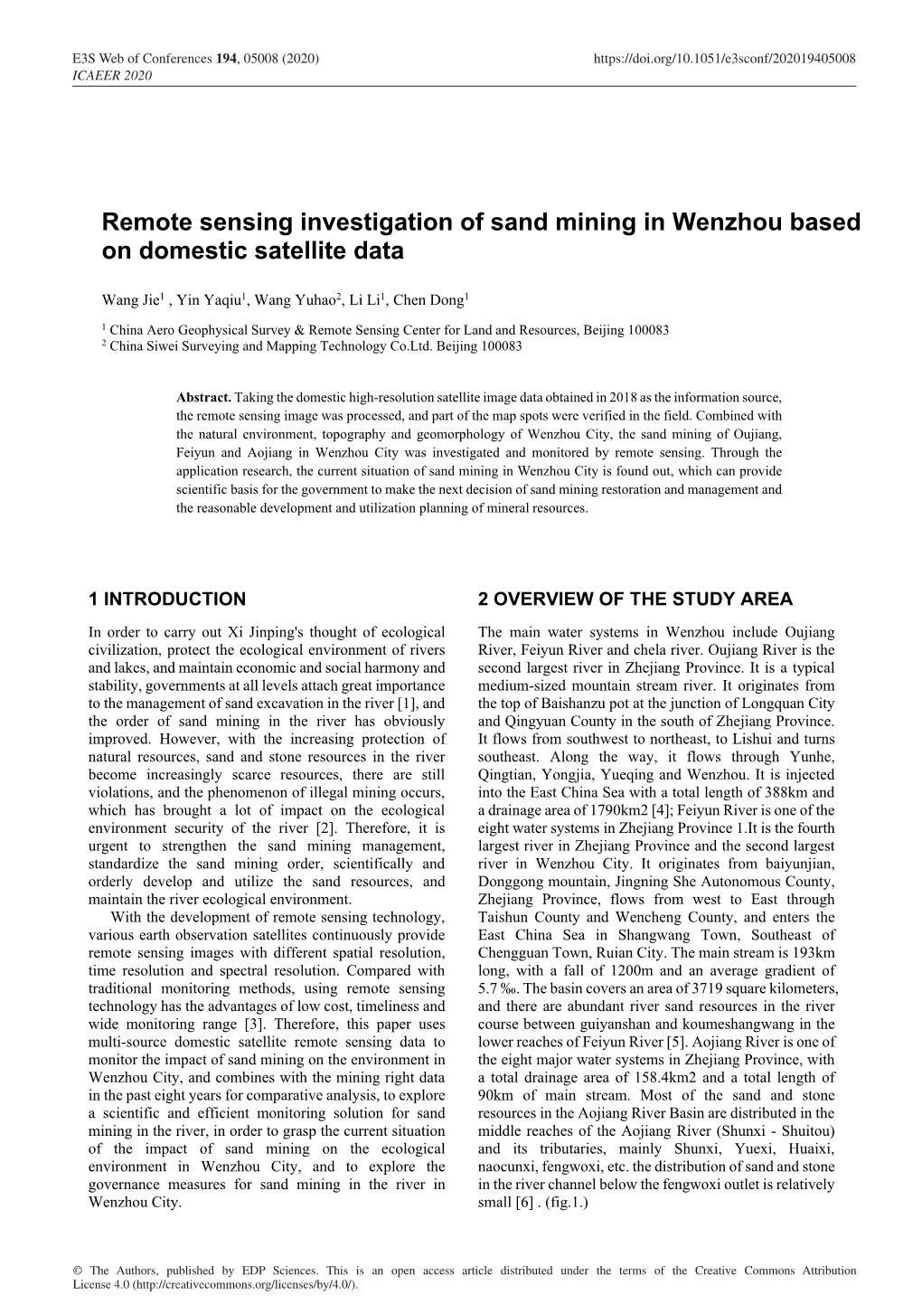 Remote Sensing Investigation of Sand Mining in Wenzhou Based on Domestic Satellite Data