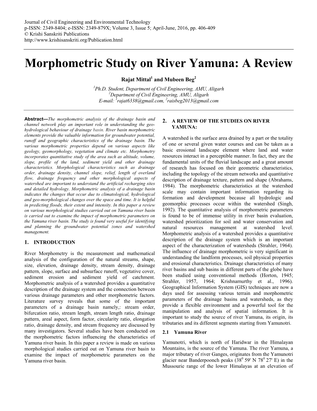 Morphometric Study on River Yamuna: a Review