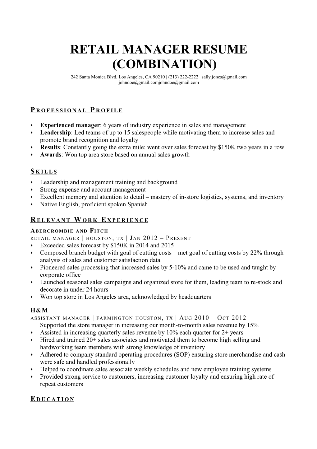 Retail Manager Resume (Combination)