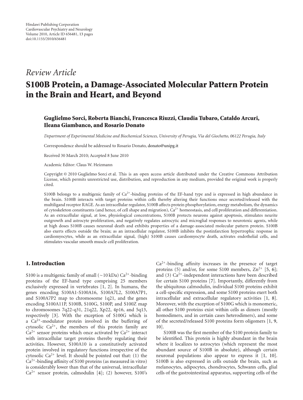 Review Article S100B Protein, a Damage-Associated Molecular Pattern Protein in the Brain and Heart, and Beyond