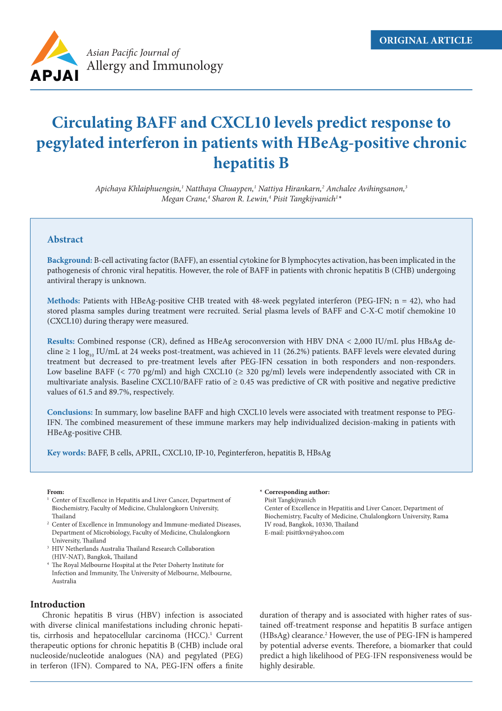 Circulating BAFF and CXCL10 Levels Predict Response to Pegylated Interferon in Patients with Hbeag-Positive Chronic Hepatitis B