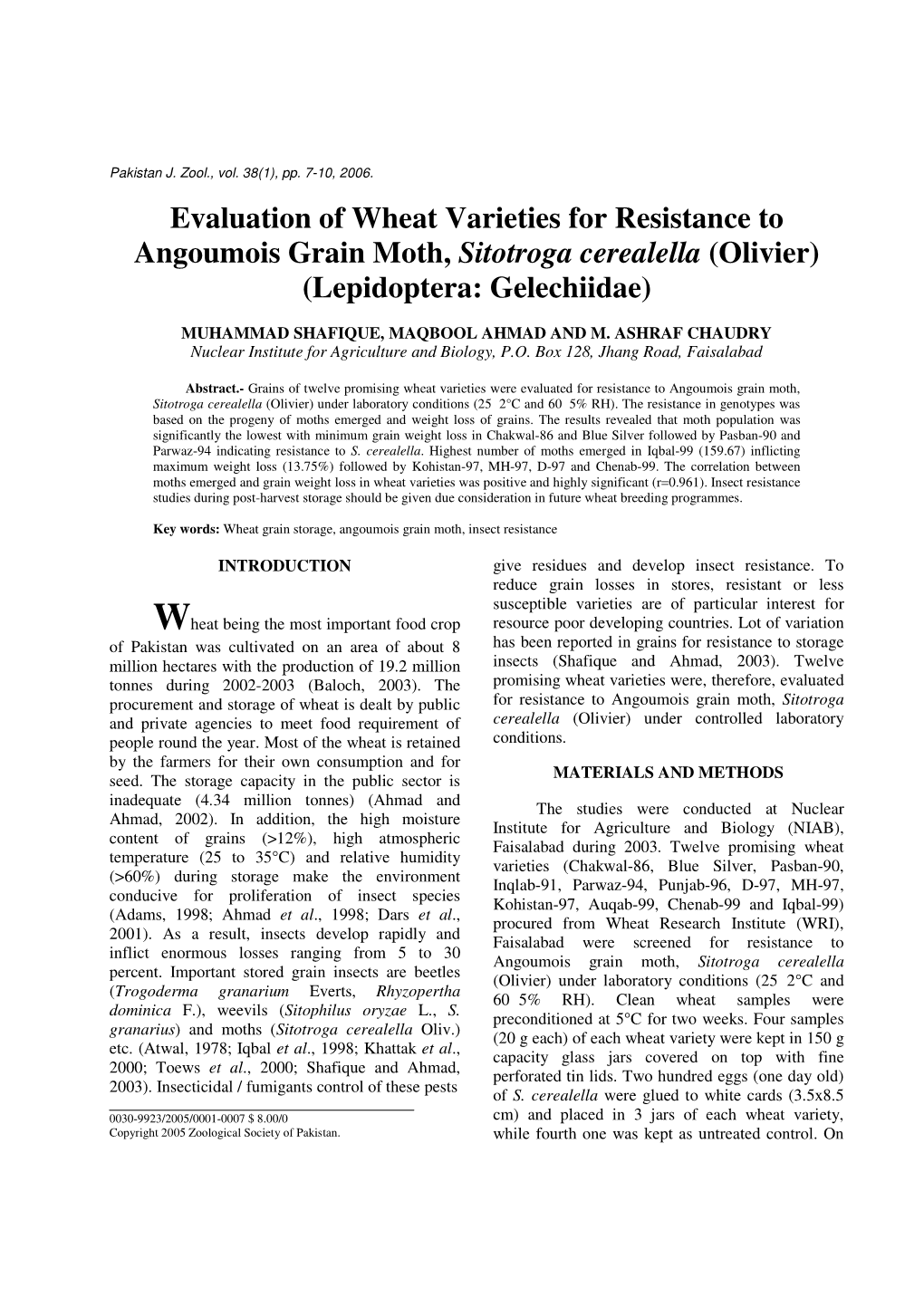 Evaluation of Wheat Varieties for Resistance to Angoumois Grain Moth, Sitotroga Cerealella (Olivier) (Lepidoptera: Gelechiidae)