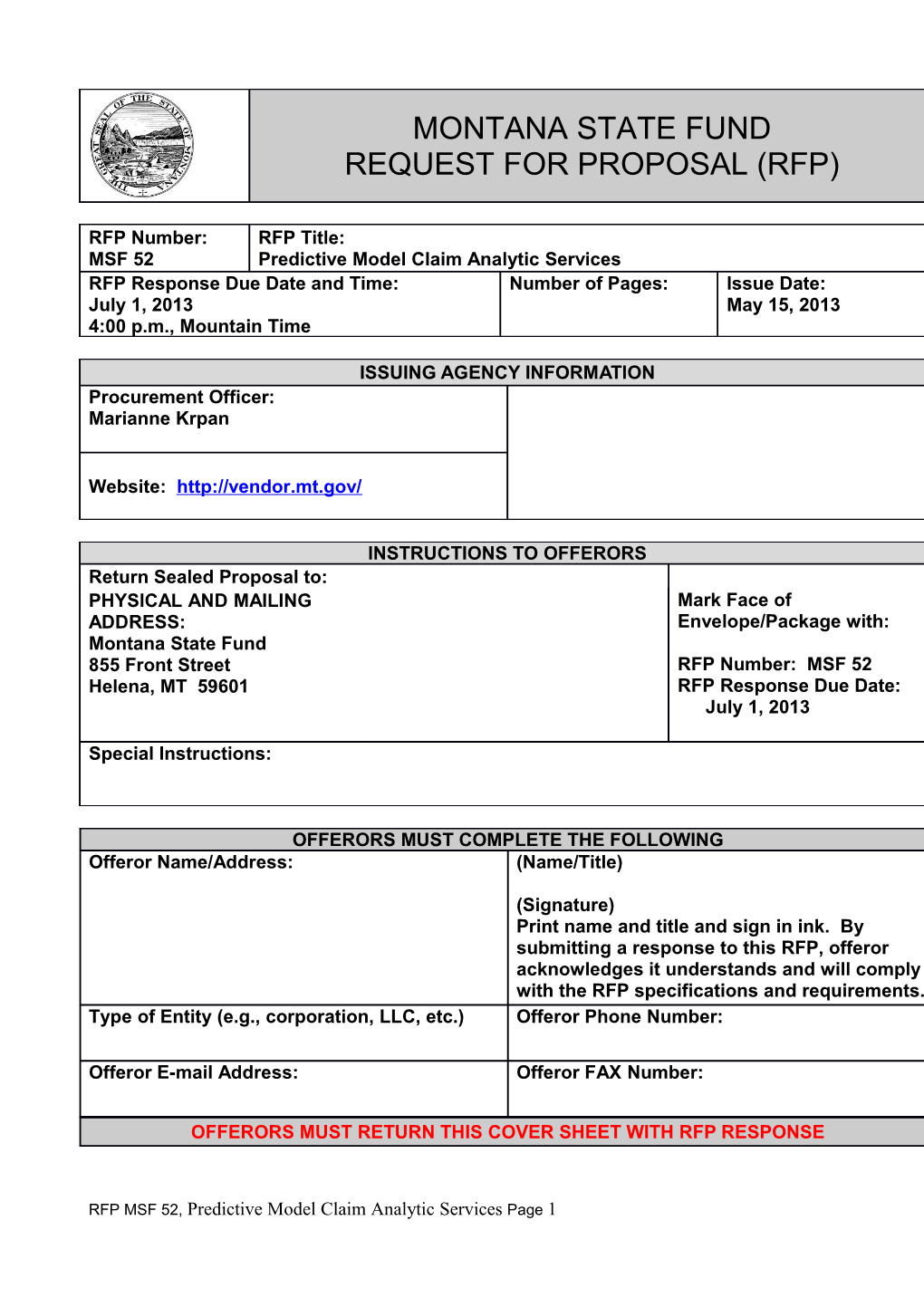 Montana State Fund Request for Proposal (Rfp)