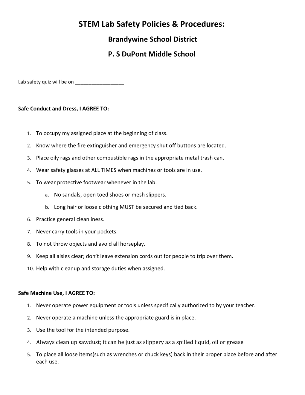 STEM Lab Safety Policies & Procedures