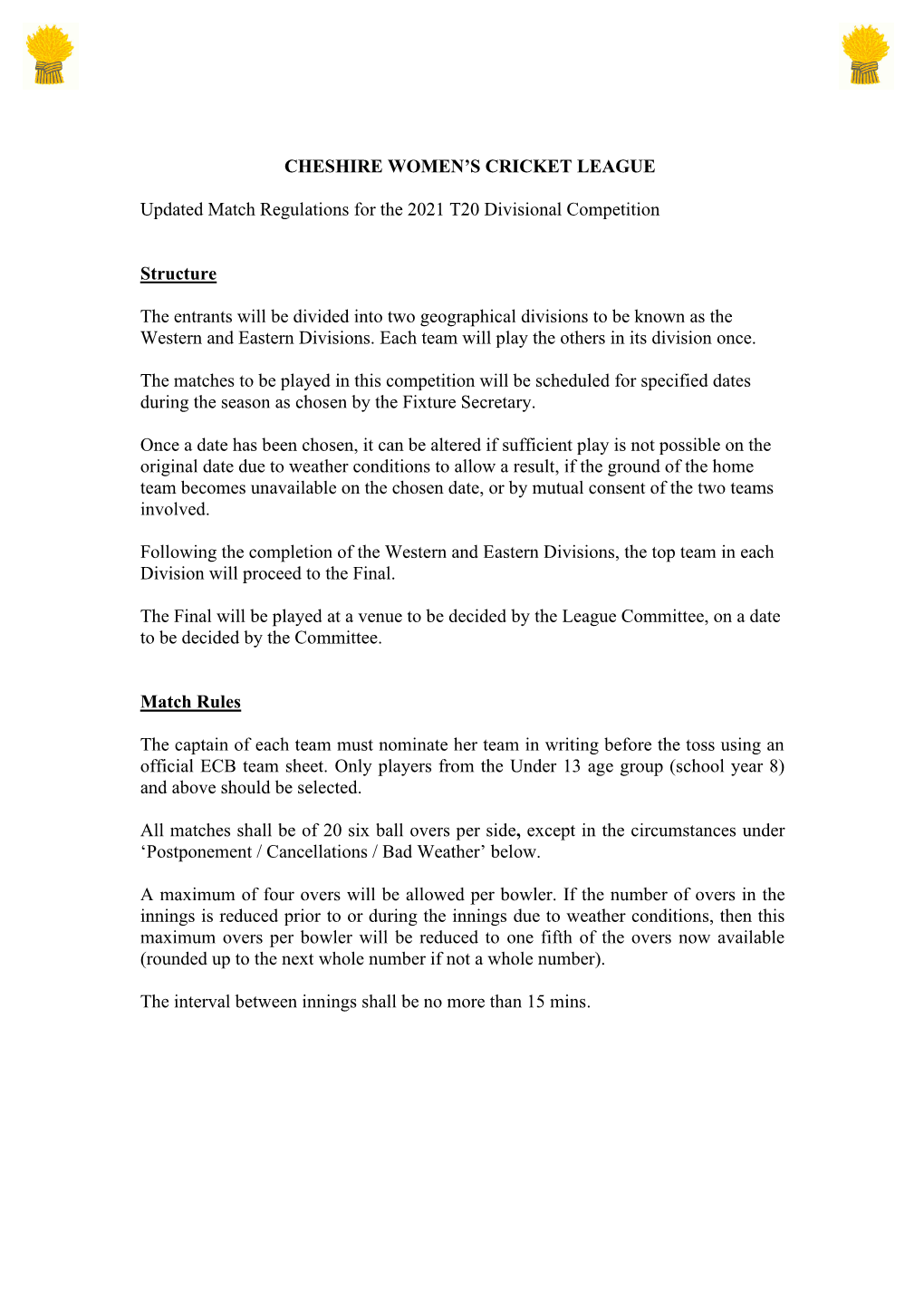 Updated Match Regulations for the 2021 T20 Divisional Competition