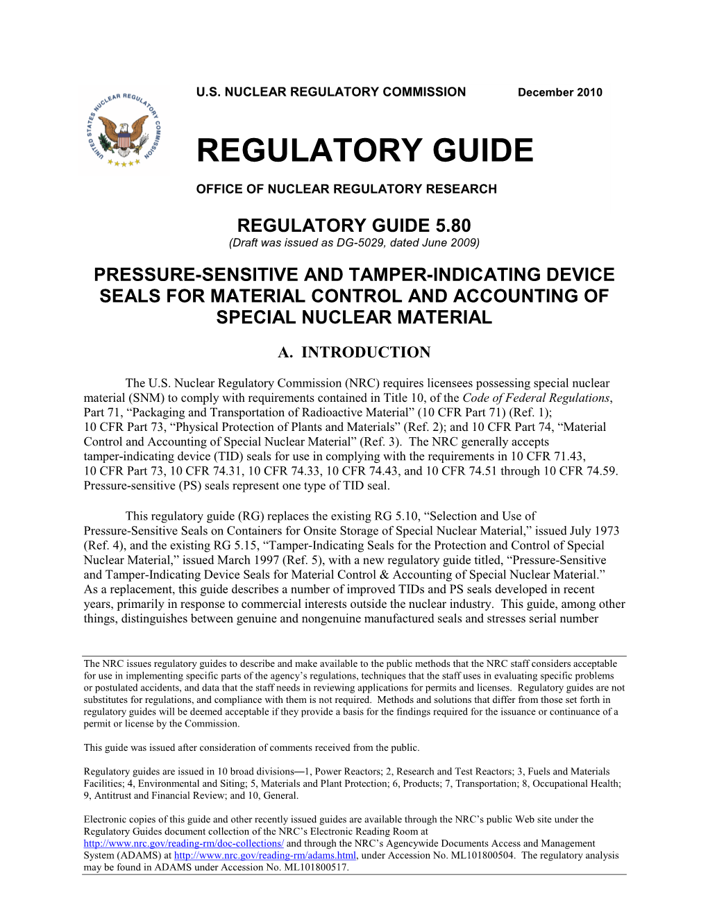 Regulatory Guide 5.80, Pressure-Sensitive and Tamper