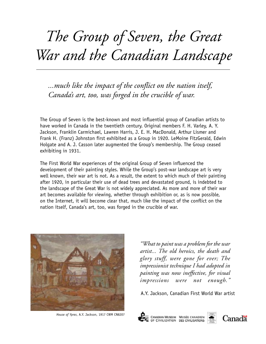 The Group of Seven, the Great War and the Canadian Landscape