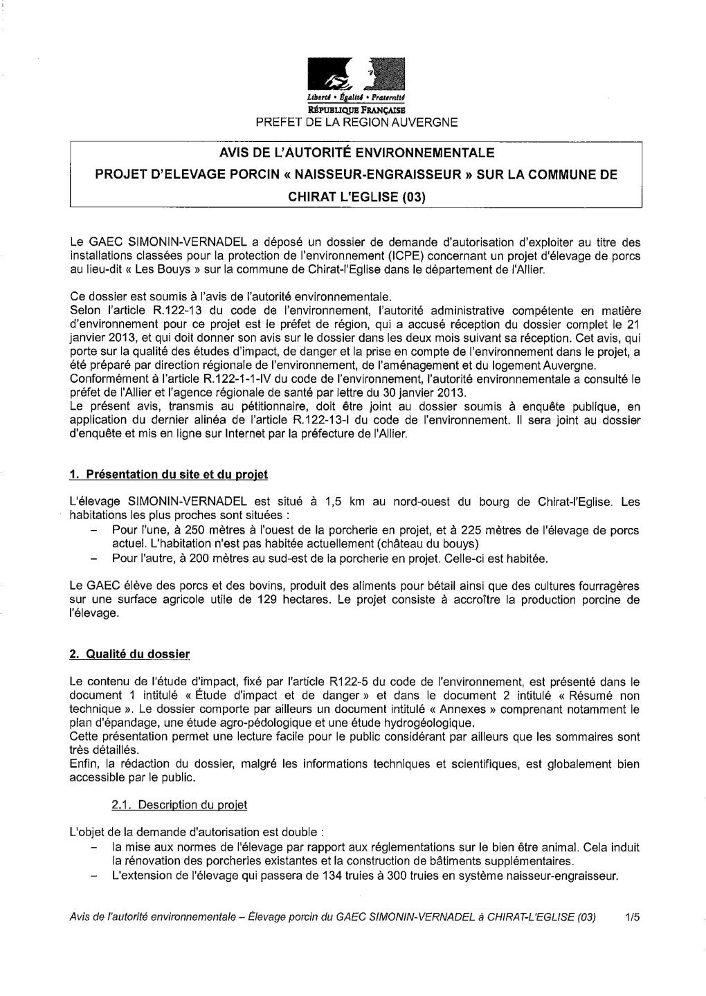 Avis De L'autorité Environnementale Projet D'elevage Porcin « Naisseur-Engraisseur » Sur La Commune De Chirat L'eglise (03)