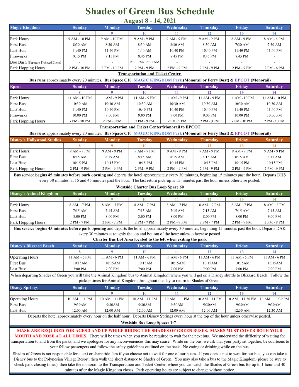 Shades of Green Bus Schedule