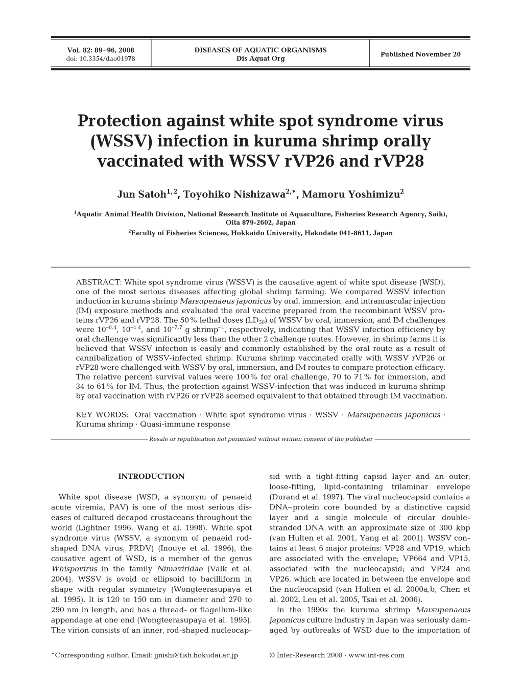 Protection Against White Spot Syndrome Virus (WSSV) Infection in Kuruma Shrimp Orally Vaccinated with WSSV Rvp26 and Rvp28