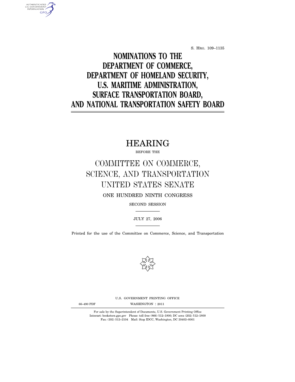 Nominations to the Department of Commerce, Department of Homeland Security, U.S