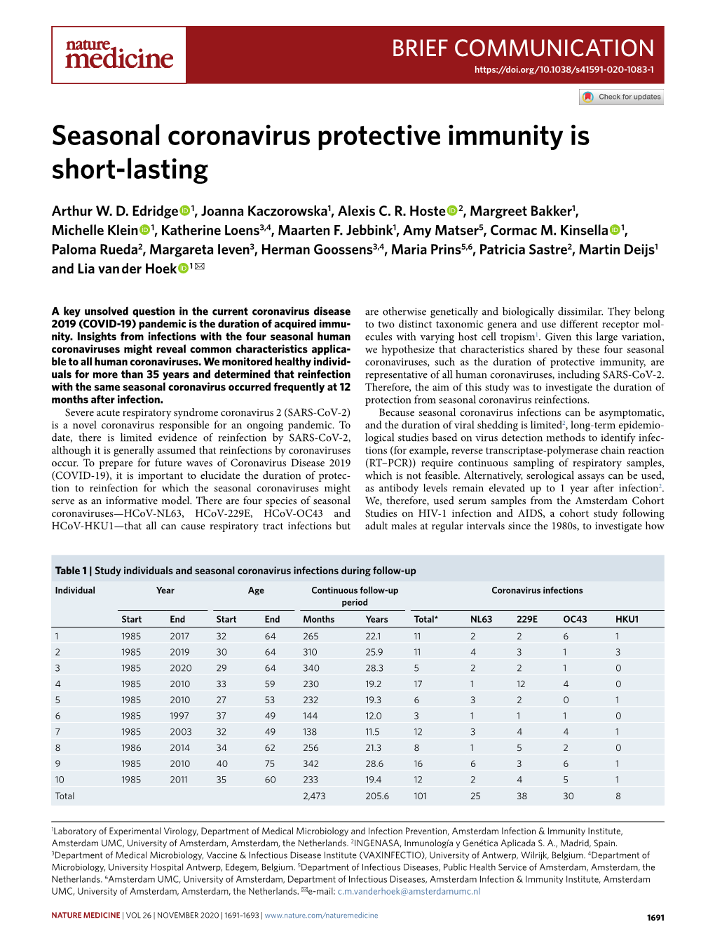 Seasonal Coronavirus Protective Immunity Is Short-Lasting