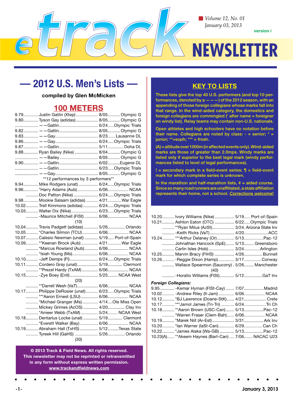— 2012 U.S. Men's Lists —