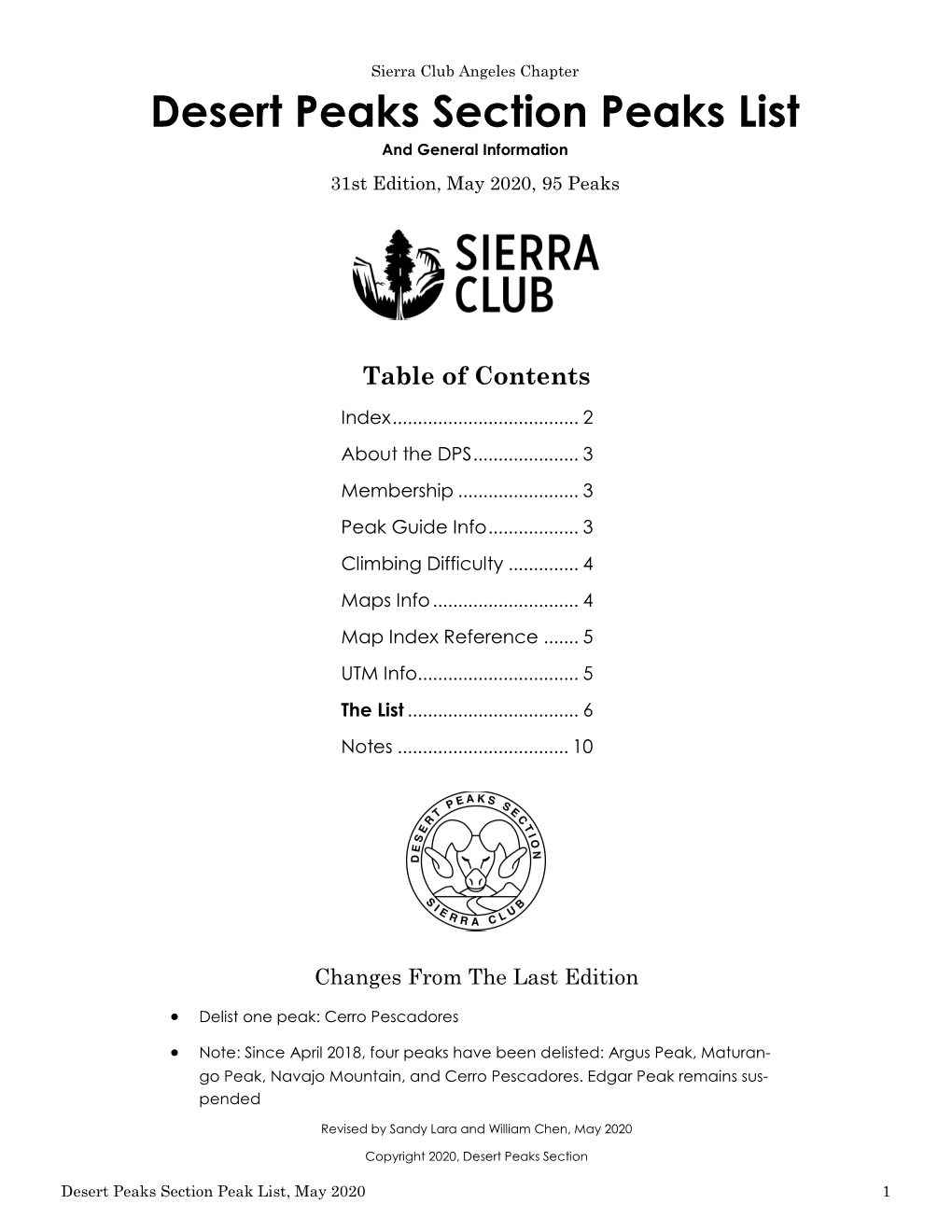 Desert Peaks Section Peaks List and General Information 31St Edition, May 2020, 95 Peaks