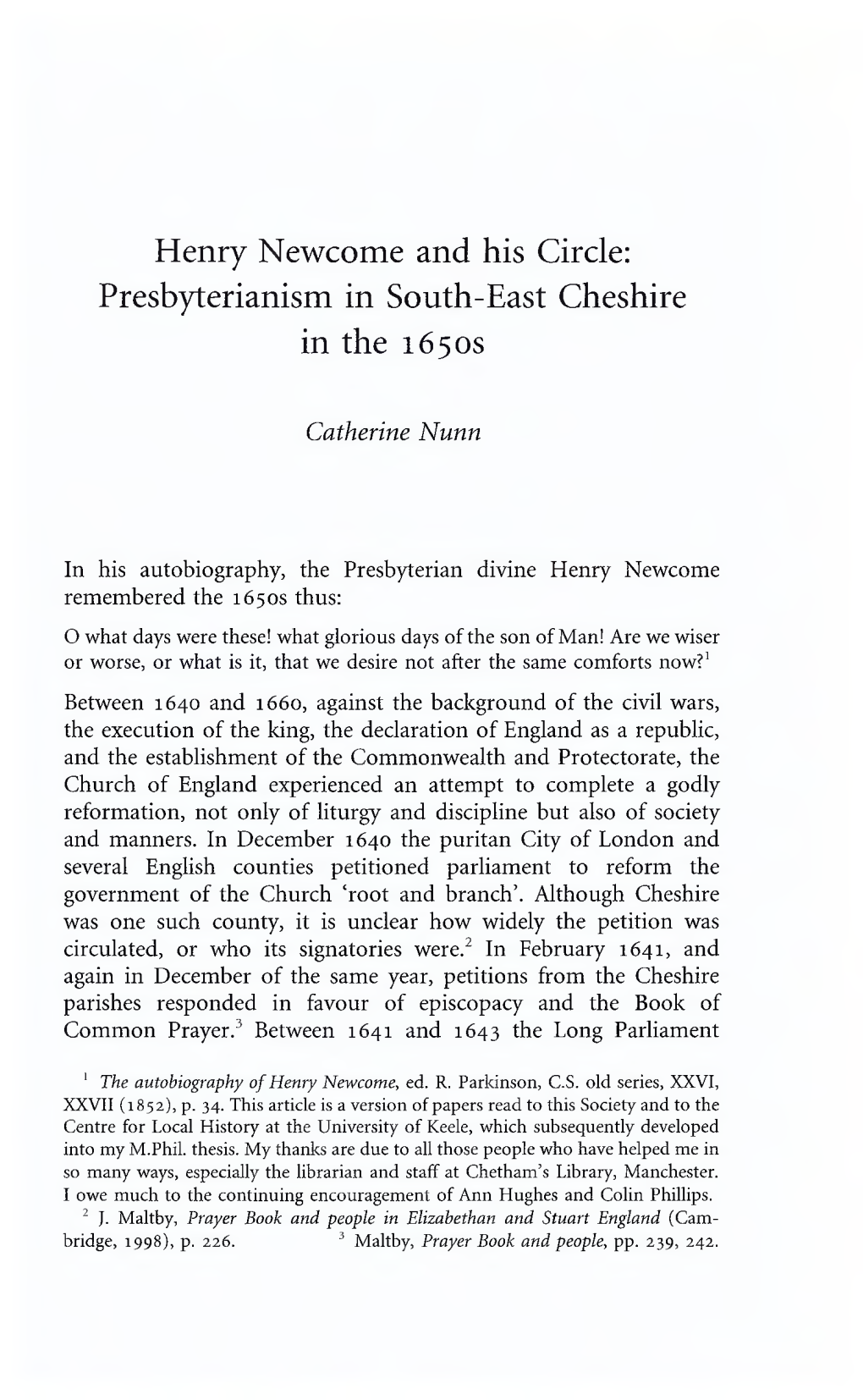 Henry Newcome and His Circle: Presbyterianism in South-East Cheshire in the 1650S