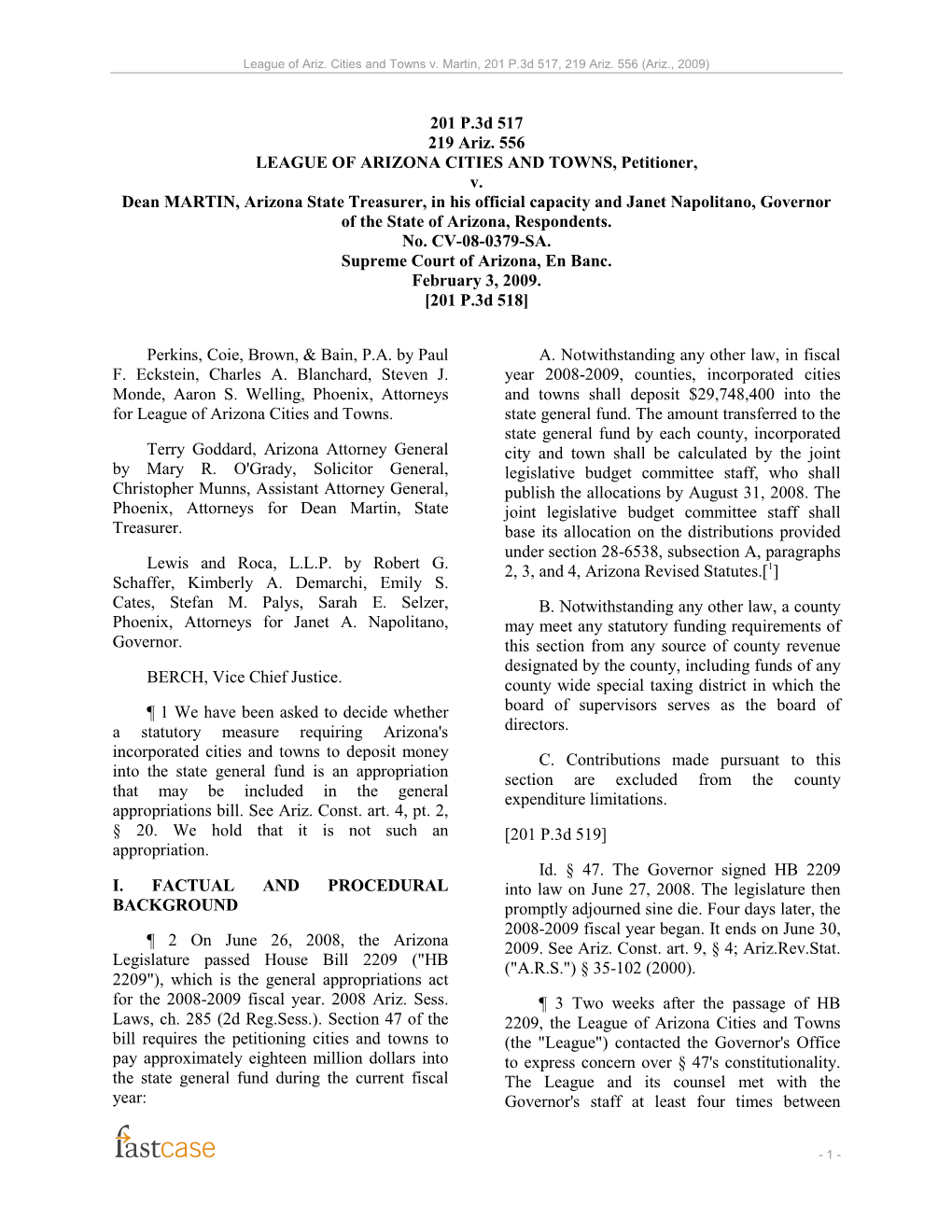 League of Ariz. Cities and Towns V. Martin, 201 P.3D 517, 219 Ariz. 556 (Ariz., 2009)