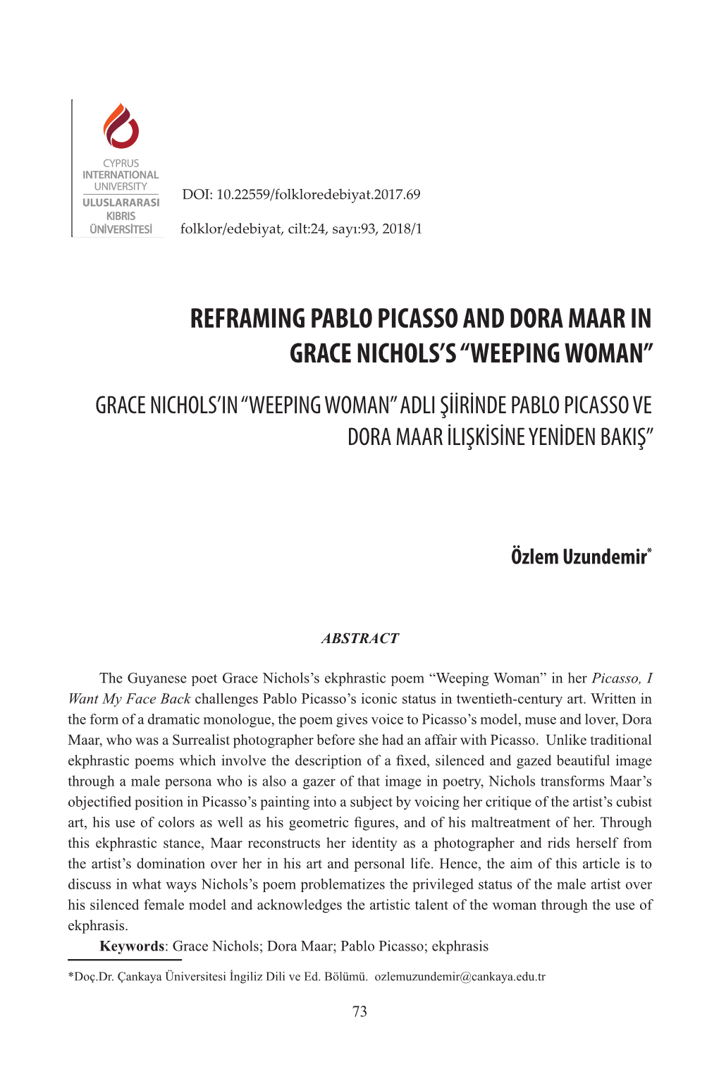 Reframing Pablo Picasso and Dora Maar in Grace Nichols's “Weeping Woman”