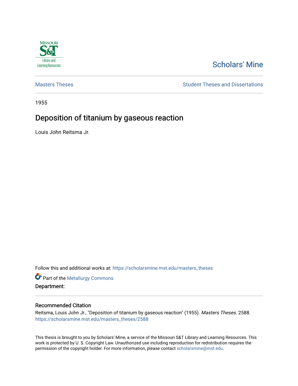 Deposition of Titanium by Gaseous Reaction