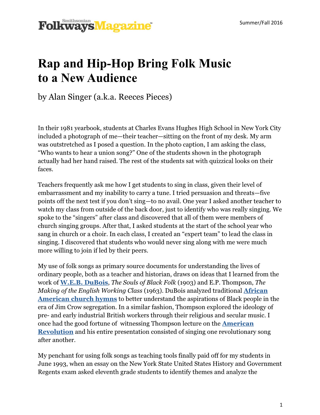 Rap and Hip-Hop Bring Folk Music to a New Audience by Alan Singer (A.K.A